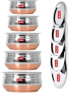 Click to enlarge Nirvika Copper Bottom Handi/Urli With Lid Serving Cooking Gifting Set of 5 Piece Cookware Set