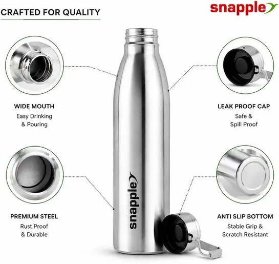 Snapple Pack of 1 TAG Stainless Steel Water Bottle Single Wall ISI Certified 1000 ml Bottle Steel