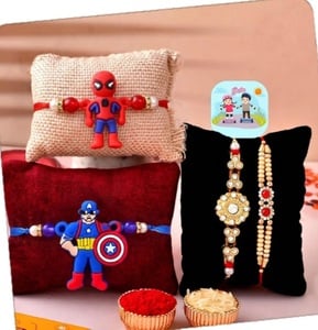 CraftVatika Magnet Rakhi Combo Set of 4 for Bhaiya Brother Bhabhi Kids 1 Fridge Magnet for Brother and Bhabhi and Kid Designer Rakhi for Family Rakshabandhan Rakhis Set