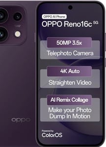 Oppo Reno16c 5G (Twilight Violet, 8GB, 128GB) | 50MP 3.5X Telephoto Camera | 4K Video | AI Remix Collage | 7000mAh 80W SUPERVOOC | ColorOS 16 | IP69K | Dimensity 7300