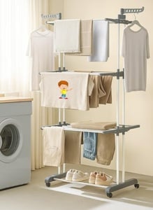 Deal: FLIPZON Premium 3 Layer Clothes Drying Stand with Wheels | Foldable Wings | Double Pole Alloy Steel Rack | 360° Rotatable Hanger Rods | Portable Balcony Laundry Dryer (White & Grey) https://amzn.in/d/0jlnLbDW