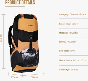 Gear Climb 45L Extra Large Water Resistant Rucksack/Travel bag/For Men & Women(Black - Yellow)
