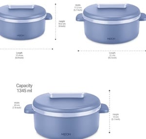 (696)
MILTON Micronova Jr. Gift Set Inner Stainless Steel Casserole, Set of 3 (380 ml, 775 ml, 1345 ml), Light Blue, BPA Free, Food Grade, Hot and Cold, Microwaverable Steel, Dishwasher Safe, Chapati, Roti