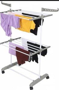 FLIPZON Premium Clothes Stand for Drying with Wheels | Portable | 2 Layer Rack for Balcony | Foldable Wings | 14 Hanger Rods | Alloy Steel & Plastic (White & Grey)