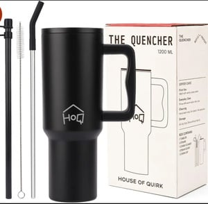 House of Quirk 1200ML Stainless Steel Tumbler with Handle & Lid, 2 Straws – Large Travel Mug Water Cup for Gym, Office & Outdoor Use (Black)