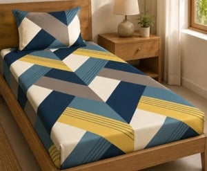 LOOMLYFE 300 TC Cotton Feel Glace Elastic Fitted Printed Single Bed Bedsheet with 1 Pillow Cover Fits Upto 6 Inches Mattress,Size- 42X75X8 Inches, Bluearrow