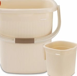 Nayasa Rimmy Plastic Bucket Set for Bathroom | Bucket and Mug (18 Liters & 1.5 Liters) | Bathroom Set of 2 | Bathroom Accessories Set | Bathroom Bucket Set | Ivory