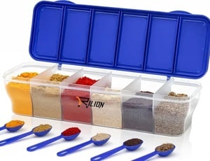 RILION Multipurpose 6-in-1 Masala Box for Kitchen| Airtight BPA-Free Plastic 6 Section Storage Container with 6 Spoons, 1800 ml Transparent Pickle Box for Spices| Dry Fruits, Snacks Pack Of 1 Blue