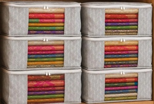 Homestrap Set of 6 Non-Woven Printed Saree Cover/Cloth Storage/Wardrobe Organizer For Clothes with Transparent Window (Grey)(Shark Tank Featured) 45cmx33cmx22cm