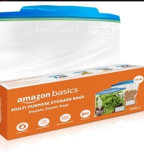 Amazon Basics - Multipurpose Zip Lock Storage Bags | 45 Count | Small | 21.3 x 18 cm | Reusable and Reclosable with Double Zipper | Material Plastic | Leak- Proof | Food Grade | Microwave Safe