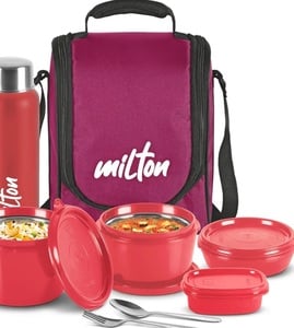 MILTON Pro Lunch Box with Steel Cutlery, 3 Microwave Safe Inner Steel Containers (180 ml, 320 ml, 450 ml), Plastic Chutney Dabba,100 ml, Bottle, 750 ml with Insulated Bag, Office Tiffin, Maroon