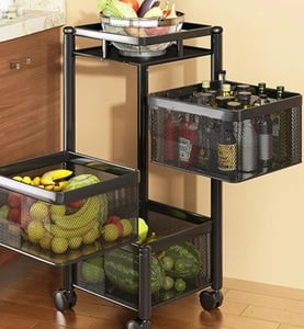 Homeor Multi-Purpose Mesh Rotating Trolley Storage Organizer & Kitchen Accessories Items for Kitchen Storage Rack Design for Fruits & Vegetable, 3 Layer, Black, Square - Metal