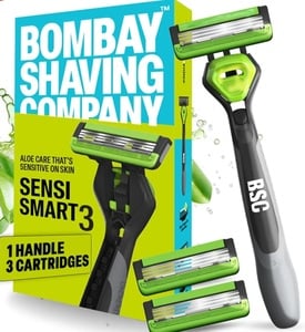 Click to enlarge Bombay Shaving Company Sensi Smart 3 Value Pack (Handle + 3 Blades Cartridge) | Shaving Razor for Men | Aloe Gel and Argan Oil Lubra Strip with Pivot Head