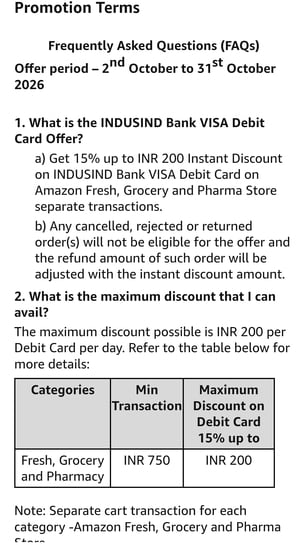 15% up to INR 200 Instant Discount on INDUSIND Bank VISA Debit Card on Amazon Fresh, Grocery and Pharma