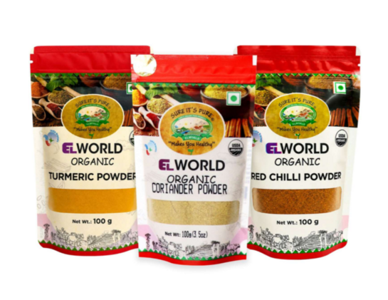 Elworld Agro & Organic Food Products Turmeric Powder 100g + Red Chilli Powder 100g + Coriander Powder 100g