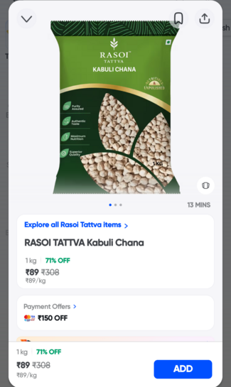 Kabuli Chana 1kg @89, Orbit Sugarfree Chewing Gum @39