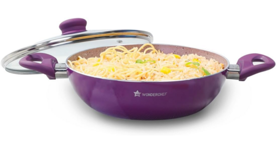 Wonderchef Royal Velvet Non-Stick Kadhai with Glass Lid 24cm for Kitchen, 2.7L Non-toxic Chemical & PFOA Free, Low-oil Cooking, Scratch-resistant, Gas Stove & Induction Friendly, 2-Yr Warranty, Purple
