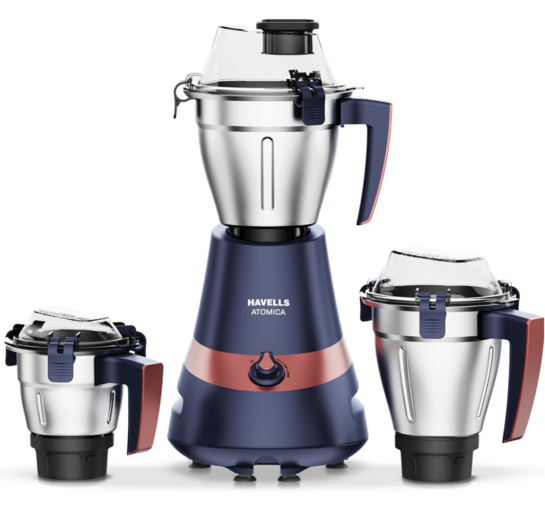 (More Havells products) Havells Atomica 1000W 3 Jar Mixer Grinder | 3 Speed | Air Vent Tech | Stainless steel blade | Dark Blue and Brown color