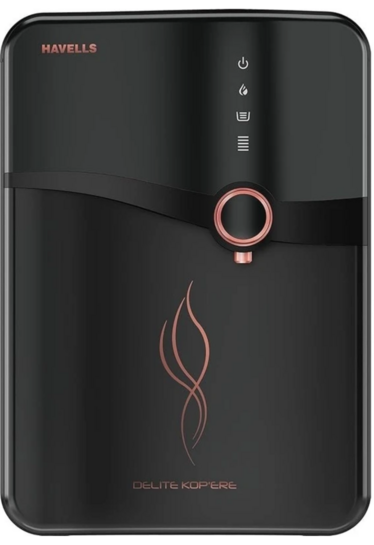 HAVELLS Delite Kop'ere 6.5 L RO + UV Water Purifier Stainless Steel Tank,Copper+Zinc+Minerals| Suitable for all - Borewell, Tanker, Municipality Water (Black)