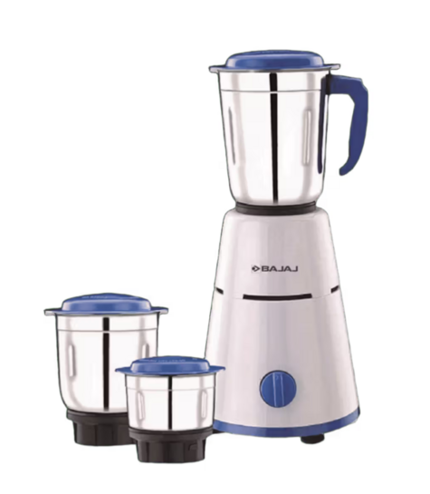Bajaj Pluto Mixer Grinder, 3 Jars, 500W, Stainless Steel (White and Blue)