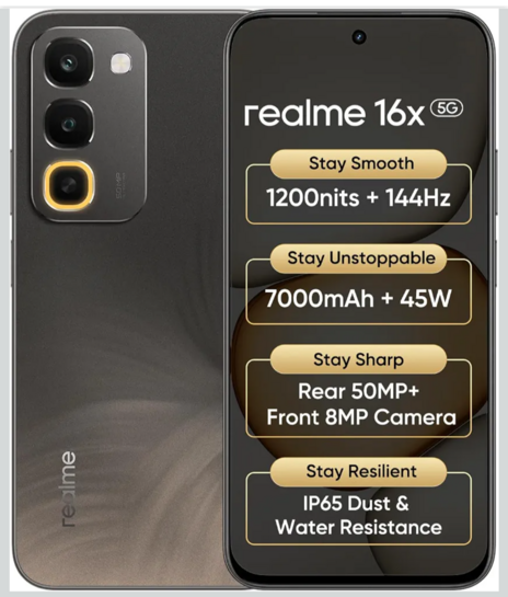 realme 16x 5G Smartphone 6+128GB Brown 7000mAh Battery, 45W SuperVOOC, 6.8inch Screen, 144Hz Display, Rear 50MP+Front 8MP Camera, MediaTek Dimensity 6300, IP65