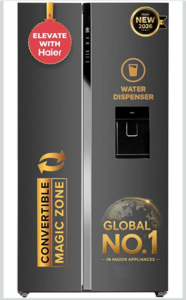 Click to enlarge Haier Smart Choice 596L 3 Star Frost Free Expert Inverter Smart Sense AI enabled 2-Door Side by Side, In-built Water Dispenser Refrigerator (HRS-682WGKU1, Graphite Black, Magic Convertible,2026 Model)
