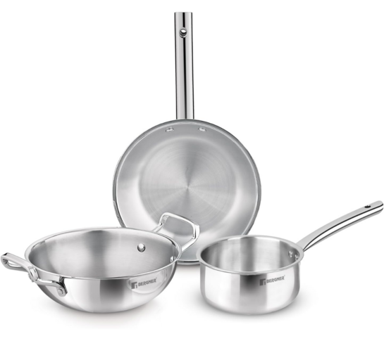 Click to enlarge Bergner TriPro 3 Pcs Tri-Ply Stainless Steel Cookware Set | Kadai, Frypan & Teapan for Induction & Gas Stove