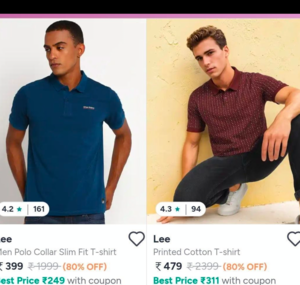 Myntra 80% Off: Lee Mens Clothing Tshirts and more