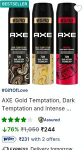 Gold Temptation, Dark Temptation and Intense Deodorant Spray - For Men (645 ml, Pack of 3