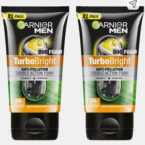 Garnier  Turbo Bright Anti pollution Double Action Foam Vitamin C + Charcoal Face Wash , 2 x 150 g