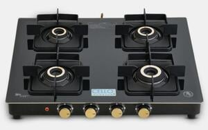 Cello Black Pearl 4 Burner Toughened Glass Top Gas Stove, Brass Burners, Black Finish Glass