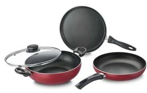 Prestige Omega Deluxe Plus BYK Set of 3-Tawa, Fry Pan & Kadai with Glass Lid Induction Bottom Non-Stick Coated Cookware Set