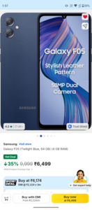 Samsung galaxy FO5 (4GB RAM, 64GB Storage) @ Just ₹6,499 (Effective ₹6,174 With Bank Offer)
