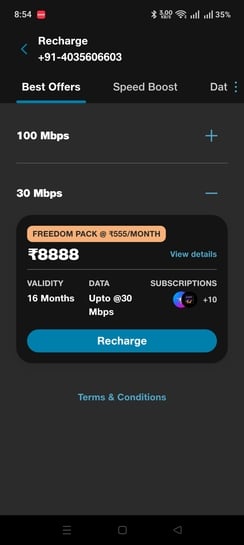 Jio fiber Freedom Pack 30 mbps @8888 for 16 months plan
