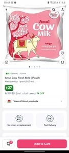 Amul Cow Milk 500ml @ Just ₹27 🥛 | ₹4 OFF Deal!