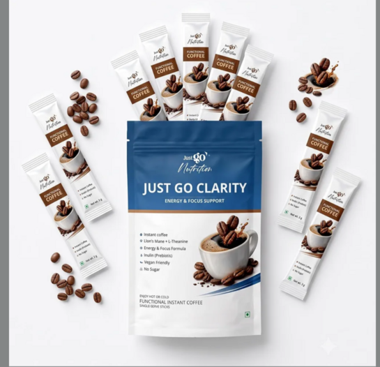 Sample @99 - Just Go Nutrition Clarity Functional Instant Coffee | 3g Sticks | Lion's Mane + L-Theanine, Energy & Focus Support, Inulin Prebiotic Fiber, Vegan Friendly, No Sugar, Single-Serve Sticks