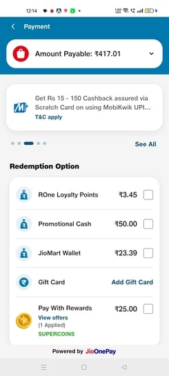 Jiomart added ₹50 Promotional cash