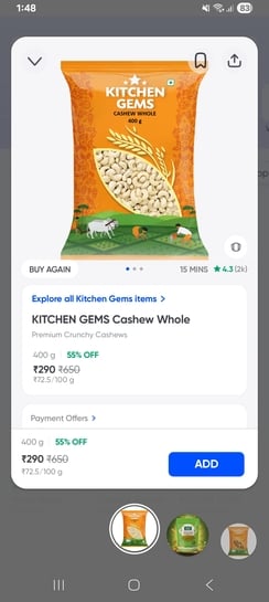 Instamart: 400gm Cashew at 290