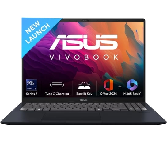 (Loot) ASUS Vivobook 16 (2025) with Office 2024 + M365 Basic, Al PC Intel Core Ultra 5 Series 2 225H (16 GB/512 GB SSD/Windows 11 Home) X1607CA-MB139WS Thin and Light Laptop (16 Inch, Quiet Blue, 1.88 Kg)