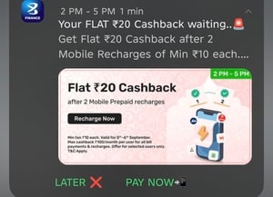 Bajaj Flat 20 cashback on 2 recharge of min txn 10 Rs 5sep-6Sep