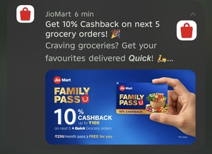 10% Cashback on next 5 Jiomart Quick orders upto 100