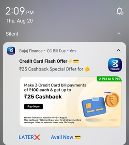 Bajaj Finance: Got ₹14 Cashback | Up to ₹25 on 3 Credit Card Bill Payments | 2–5 PM