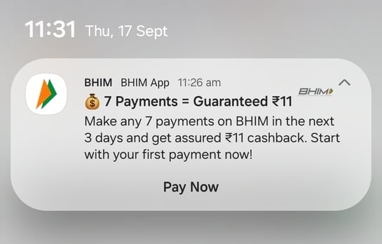 BHIM UPI: Flat ₹11 cashback on 7 transaction of ₹20