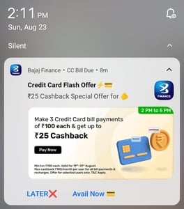 Bajaj Finance: Up to ₹25 on 3 Credit Card Bill Payments | 2–5 PM | Got ₹10 cashback