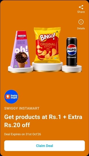 Paytm: Get products at Rs.1 + Extra Rs.20 off from Swiggy Instamart.