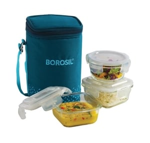 Click to enlarge BOROSIL Teal Bag, 3 Pc (320 ml x 2 + 240ml x 1), Office Tiifin Glass containers Lunch Box (880 ml)