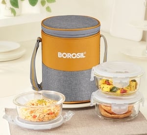 BOROSIL Zest Borosilicate Glass Lunchbox, 3pc Square Set (400ml Each), Office Tiffin Box 3 Containers(1200 ml)