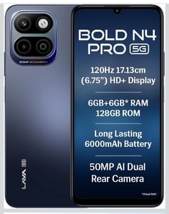 Click to enlarge Lava Bold N4 Pro 5G (Monaco Blue, 6GB RAM, 128GB Storage) | 50MP AI Rear Camera | 6000mAh Battery with 18W Fast Charge | 500K+ Antutu | IP64 Rated |Clean Android 16 | Free Service @ Home