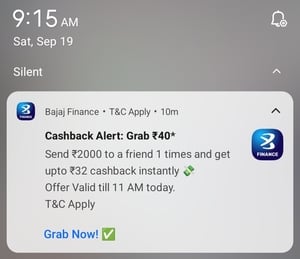 Bajaj finance: Send ₹2000 to a friend 1 times and get upto ₹32 cashback | Got ₹10 cashback | Offer valid till 11 AM today