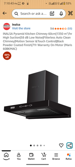 INALSA Pyramid Kitchen Chimney 60cm|1350 m³/hr High Suction|58 dB Low Noise|Filterless Auto Clean Chimney|Motion Sensor &Touch Control|Black Powder Coated Finish|7Yr Warranty On Motor (Maris 60BKMAC)
